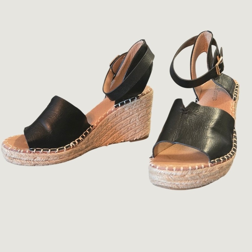 Queen George Black Espadrille Wedge Sandals Ankle Strap Size 7.5
